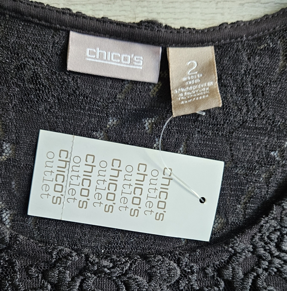 NWT Chico's Textured Black Lace Cap Sleeve Top Size 2 Womens Large - Picture 10 of 15